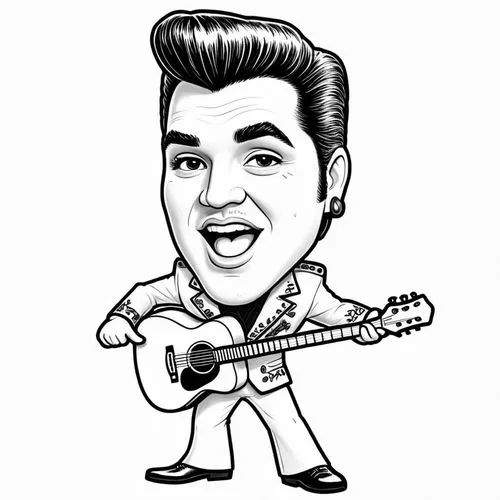 pencil drawing style  Julius Leblanc Stewart Caricature style drawing of a celebrity, big head, small body, exaggerated facial expressions. A 3D animated character resembling Elvis Presley, wearing a 