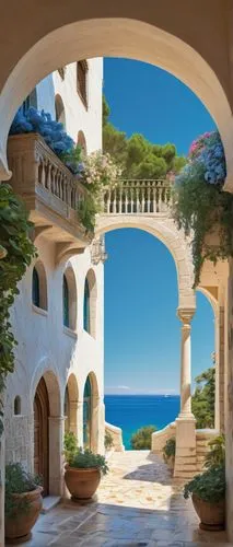 Papapas architecture, Mediterranean style, white stone walls, curved arches, blue domed roofs, ornate balconies, intricate carvings, lush greenery, overflowing flower boxes, warm sandy beach, turquois