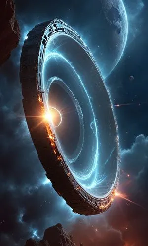 LARGE Orbital Ring  suspended in outer Space, encircling a minor planetary moon: A massive Orbital Ring encircling an entire moon, used as a launch site for high-speed vehicles that can race along the