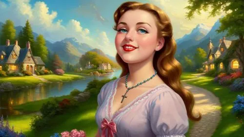 Romantic masterpiece oil painting, cute girl portrait, nostalgic 1950's style kitsch, beautiful Victorian European landscape, vintage rustic scenery, by Thomas Kinkade, by Bob Ross, high res,maureen o