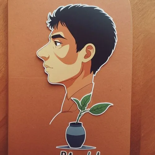 a sticker, there is a man's head born from a plant in a pot on a table,coffee tea illustration,tea card,mishima,ishimaru,kafka,spock,arabica,dojima,sidamo,pepper plant,shinji,sencha,japanese spinach,g