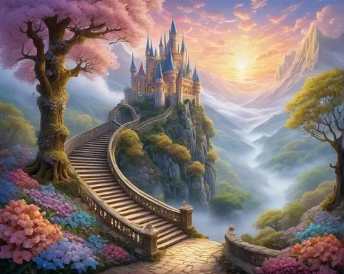 fantasy picture,fantasy landscape,fairy tale castle,fairytale castle,3d fantasy,rapunzel,fairy world,fantasy world,fairy tale,a fairy tale,children's fairy tale,fantasy art,fairytale,fantasia,fairy village,way of the roses,knight's castle,fantasy city,the mystical path,winding steps,Art,Classical Oil Painting,Classical Oil Painting 28