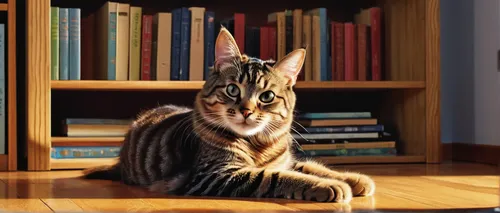 young adult, tabby cat, playful pose, clear eyes, fluffy fur, striped pattern, sitting, cozy room, bookshelf, warm lighting, soft shadows, close-up shot, detailed texture, wooden floor, ambient light,