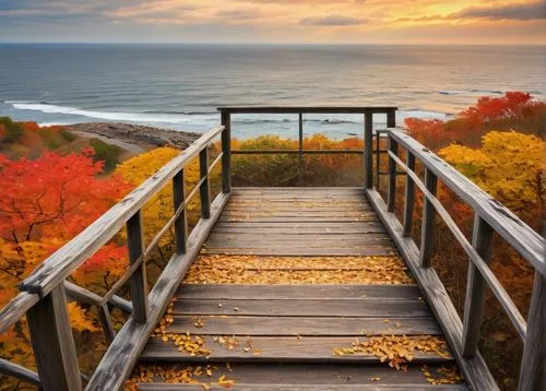 Rustic wooden access board, Massachusetts coastal area, autumn season, golden leaves scattered around, worn-out wooden planks, metal handrail, weathered stone steps, leading to a scenic overlook, vast