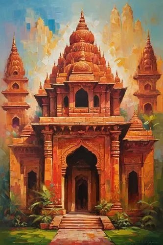 Ancient Gupta architecture, ornate temple, intricate carvings, detailed sculptures, Hindu mythology, Indian-inspired, red sandstone, weathered stone walls, grand entrance, towering spires, ornate pill