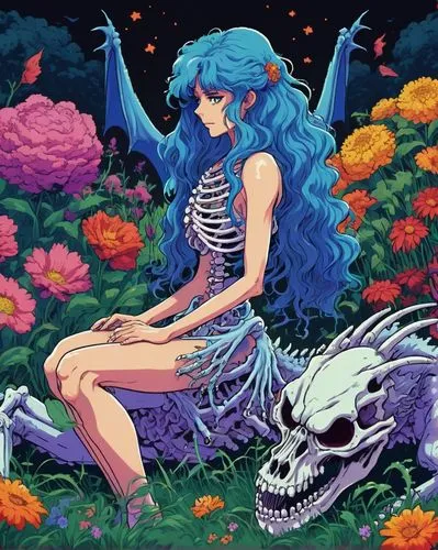 flora,azure,blu,芦ﾉ湖,rusalka,poison,vanitas,2d,datura,fallen petals,lunar,fiori,sakana,blue hair,indigo,virgo,aquarius,skull allover,gemini,falling flowers,Unique,Pixel,Pixel 04