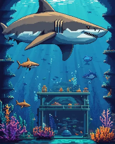 Imagine a secret underwater laboratory where scientists use shark fin shears to extract valuable substances from marine life. Describe the scene.,aquarium,aquarium decor,aquarium inhabitants,requiem s