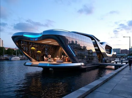 Waterfront location, futuristic boathouse, sleek metallic facade, curved lines, angular shapes, reflective glass surfaces, neon lights, vibrant colors, dynamic patterns, modern minimalist design, sust