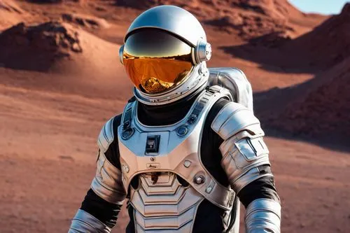 Dallee 3, futuristic, sci-fi, astronaut helmet, silver spacesuit, golden accents, muscular male, strong jawline, short brown hair, gloves, oxygen tank, backpack, standing, Mars terrain, rocky landscap