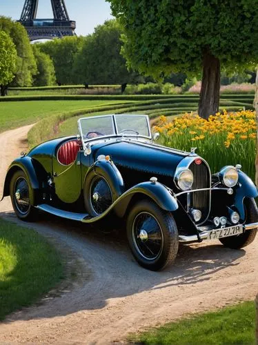 1930s Bugatti Type 57 Roadster Grand Raid Usine, vintage car, open-top, curved lines, shiny black body, chrome accents, luxurious leather seats, wooden steering wheel, classic dashboard, rearview mirr