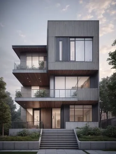 a large modern building with stairs leading up to it,modern house,modern architecture,cubic house,cantilevered,cantilevers,cube house