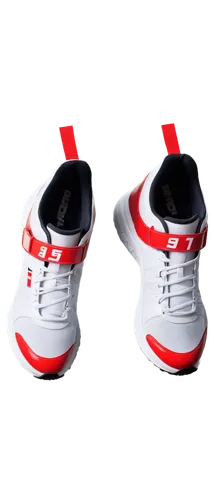 Sports shoe, track sole, dynamic pose, white and red logo, bold font, swoosh design, shiny material, metallic buckle, lace details, worn-out texture, 45-degree angle, close-up shot, dramatic lighting,