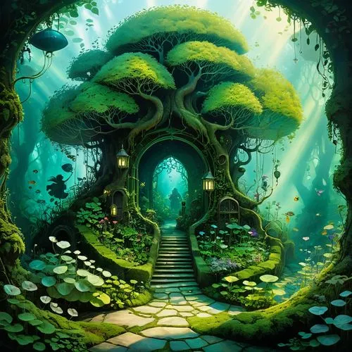 yggdrasil,mushroom landscape,magic tree,fairy forest,arbor,tree of life,elven forest,majora,fairy world,alfheim,the mystical path,tree house,fairy village,tree top path,forest of dreams,celtic tree,fairy house,mushroom island,forest path,treehouse,Illustration,Realistic Fantasy,Realistic Fantasy 05