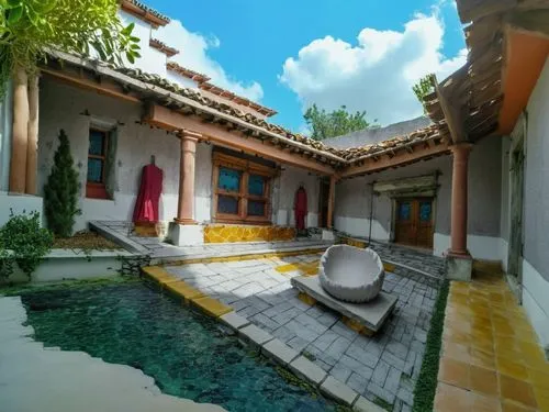 DISEÑO DE UNA CASA ESTILO MEXICANO MODERNO, CON UN CLAUSTRO CONFORMADO POR UNA TERRAZA  A BASE DE VIGAS DE MADERA, TEJA, COLUMNAS REDONDAS, EN EL CENTRO UN ESPEJO DE AGUA, CON EL ESTILO DE LA ARQUITEC