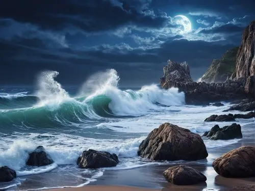 moonlit night,ocean waves,rocky coast,sea night,dark beach,stormy sea,Photography,General,Realistic