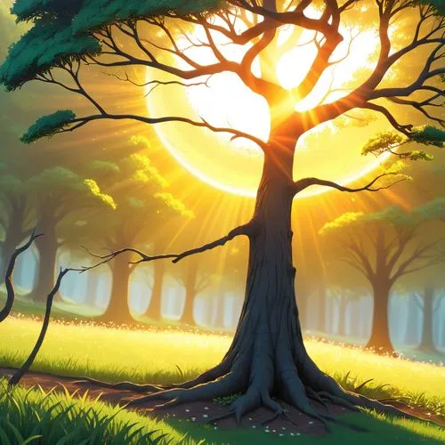 arvore e o sol,the sun shining through a tree in the park,cartoon video game background,nature background,sunburst background,landscape background,tree grove,forest background,Anime,Anime,General