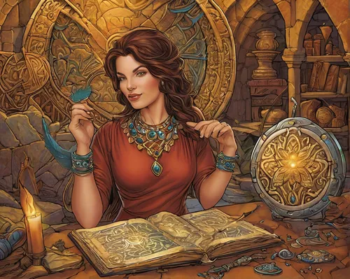 librarian,fantasy portrait,fortune teller,fantasy art,sorceress,watchmaker,artemisia,fantasy picture,apothecary,rosa ' amber cover,metalsmith,libra,sci fiction illustration,candlemaker,merchant,magic grimoire,gift of jewelry,game illustration,antiquariat,seamstress,Illustration,Retro,Retro 06