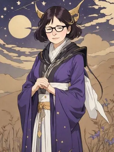 portrait of aged lady with light brown hair, starry night, zodiac, in painting style of Bilibin,yongmei,fukawa,xuanwei,xuanxu,temujin,shimoff,enomoto,longmei,mochizuki,norifumi,megu,kiyoko,zhiqing,tok