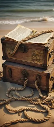 treasure chest,music chest,shipwrecked,dead sea scroll,wooden box,hymn book,wood and beach,shipwrecks,pirate treasure,wooden boat,manuscripts,codices,aground,anchorages,whydah,hymnbook,dead sea scrolls,wooden mockup,epitaphios,navy burial,Illustration,Realistic Fantasy,Realistic Fantasy 31