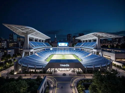 Massive stadium facade, angular structuralist architecture, bold cantilevered roofs, exposed steel beams, concrete columns, dynamic curves, geometric patterns, vibrant LED lighting, modern scoreboard 