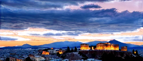 Athens cityscape, evening view, skyscrapers, Parthenon ruins, ancient Greek architecture, bright blue sky, golden hour lighting, dramatic clouds, panoramic composition, wide-angle lens, vibrant color 