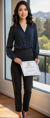 Modern UCLA interior design certificate holder, standing confidently, 30s, stylish hair, subtle makeup, elegant blouse, fitted waist, black pants, high heels, holding a rolled-up certificate, professi