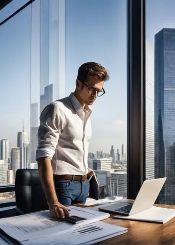 Modern architect designing ABAP architecture, male, 30s, serious expression, glasses, short brown hair, dressed in casual business attire, white shirt, dark blue jeans, black leather shoes, standing i