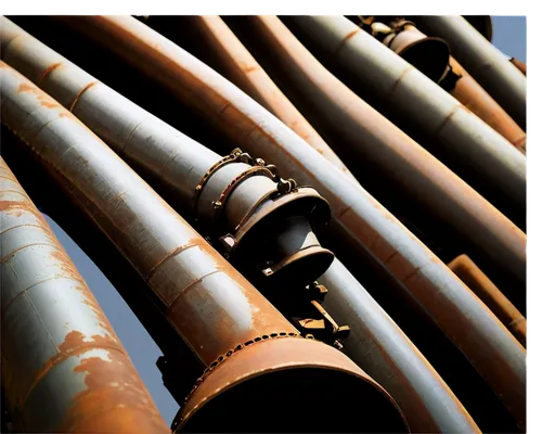 industrial pipe, rusty metal, worn-out surface, intricate details, mechanical texture, metallic sheen, dramatic lighting, low-angle shot, 3/4 composition, shallow depth of field, cinematic atmosphere,