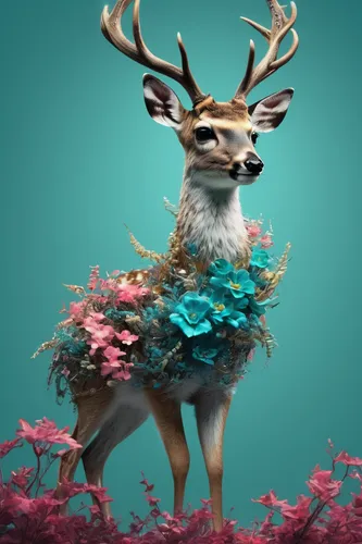 forest animal,deer illustration,stag,whimsical animals,coral guardian,deer,animals play dress-up,3d fantasy,anthropomorphized animals,flower animal,caribou,young-deer,pere davids deer,antlers,forest animals,deer in tears,manchurian stag,european deer,cinema 4d,male deer,Photography,Artistic Photography,Artistic Photography 05