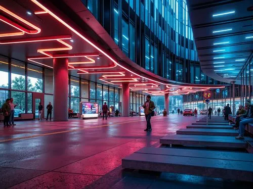 Vibrant bus station, curved lines, dynamic shapes, bold colors, abstract forms, futuristic atmosphere, neon lights, metallic surfaces, sleek glass facades, undulating rooflines, irregular structures, 