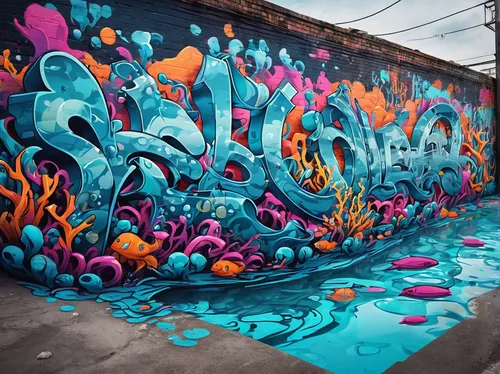 Design a moody underwater scene with real-life-like details using Maxon Cinema 4D,graffiti art,graffiti,grafitty,mural,graffiti splatter,grafiti,painted wall,grafitti,streetart,street chalk,street art