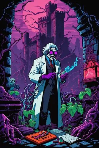 Dark Poison Evolution, mysterious laboratory setting, dim red lighting, beakers and test tubes surrounding, eerie mist spreading, a giant mutated plant with glowing purple veins, sharp thorns, and twi