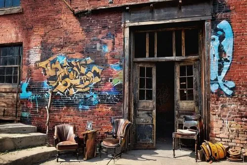 Aurora Mills Architectural Salvage, 1st Street Northeast Aurora OR, old brick building, worn wooden signs, vintage metal lanterns, distressed stonewalls, reclaimed wooden doors, eclectic mix of antiqu