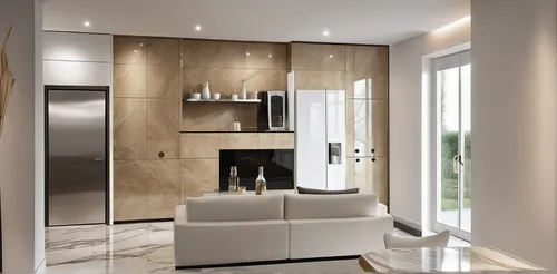 creates a caracatta gold marble effect floor 80 x 80, the chairs have glass effect seats and steel bases, the walls are white, the kitchen cabinets are white with steel inserts, the doors on the left 