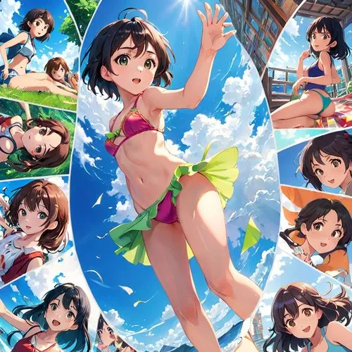 ranka,himawari,summer background,megumi,haruka,kawaii people swimming,Anime,Anime,Realistic