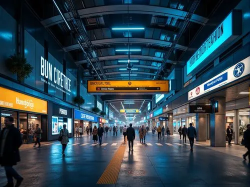 Vibrant metro station, modern architecture, sleek lines, metallic surfaces, bright LED lighting, urban cityscape, bustling atmosphere, rush hour crowds, dynamic color scheme, bold typography, wayfindi