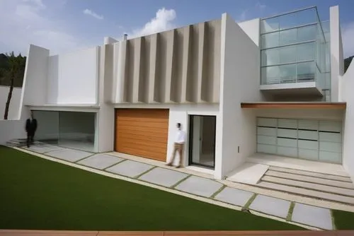 Diseño de una casa exterior residencial de estilo mínimalista, con elementos verticales en la parte posterior a base de aluminio imitación madera, muros blancos, vigas de acero como remates en algunos