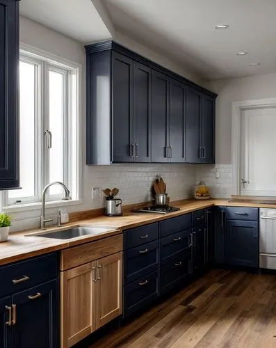 kitchen with wooden floor and navy blue cabinets,dark cabinets,dark cabinetry,kitchen design,kitchen interior,modern kitchen interior,kitchen remodel,countertops,tile kitchen,granite counter tops,gins