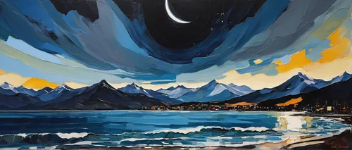 night scene,starry night,oil painting on canvas,moonlit night,northen light,oil on canvas,northernlight,night sky,sea night,acrylic paint,hanging moon,northen lights,blue painting,black landscape,oil painting,lake minnewanka,painting technique,moonrise,norther lights,the night sky,Conceptual Art,Oil color,Oil Color 08