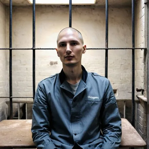 A photo of Pavel Durov, founder of Telegram messenger, behind bars inside a prison cell. He is wearing a prison uniform and has shaved head. The cell is sparse, with a bed, a table, and a chair. The w