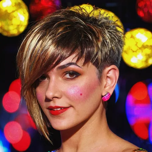 pixie cut,pixie-bob,short blond hair,asymmetric cut,mohawk,pompadour,mohawk hairstyle,pixie,pop art girl,girl-in-pop-art,feathered hair,disco,simone simon,bascetta star,golden cut,semi-profile,rockabella,disco ball,neon makeup,sparkly,Illustration,Realistic Fantasy,Realistic Fantasy 38