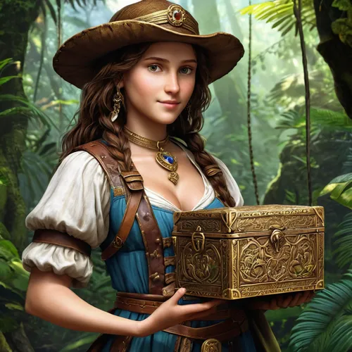 treasure chest,fantasy portrait,card box,artemisia,vendor,collectible card game,pirate treasure,fantasy art,merchant,fantasy picture,portrait background,lyre box,mystical portrait of a girl,celtic queen,the enchantress,massively multiplayer online role-playing game,game illustration,magic grimoire,girl with bread-and-butter,heroic fantasy,Conceptual Art,Fantasy,Fantasy 27