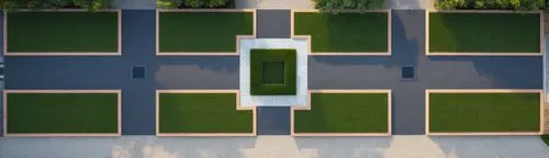 make a simple render of a  entance plan of a area with a interesting feature in the middle with paving pattern,green grass is surrounding the entrance to an area,soccer field,paved square,driveways,ar