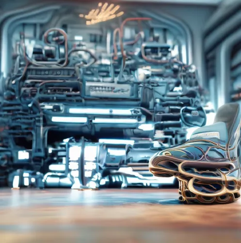 an artisticly arranged po of a shiny pair of sneakers,3d car wallpaper,futuristic car,futuristic landscape,retro diner,car dealership,spaceship interior