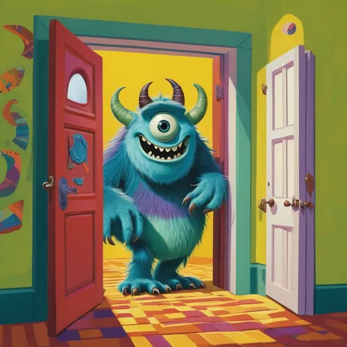 monster's inc,minion hulk,blue monster,child monster,stitch,three eyed monster,wall,dancing dave minion,door husband,door,one eye monster,creepy doorway,open door,in the door,anthropomorphic,home door,otto,cute cartoon character,the door,ogre,Art,Artistic Painting,Artistic Painting 38