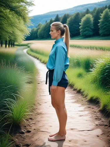 The picture shows a person with long, blond hair tied back in a high ponytail, standing barefoot outdoors in a wooded area. In the background are trees, bushes and a hint of a small fence in the middl