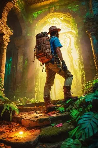 explorer,adventurer,3d fantasy,fantasy picture,indiana jones,traveler,to explore,explore,mushroom landscape,exploration,cg artwork,world digital painting,pilgrimage,magical adventure,fantasy art,travelers,wander,the wanderer,4k wallpaper,fantasy landscape,Conceptual Art,Oil color,Oil Color 23