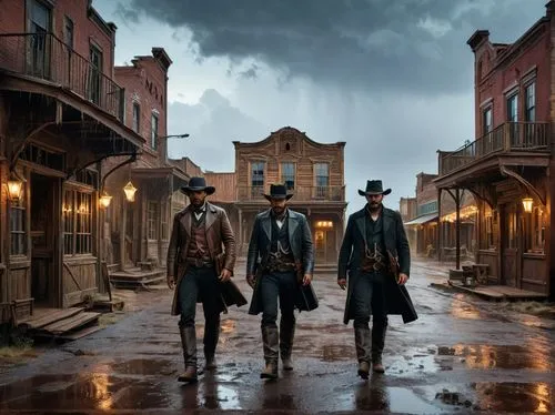 three gunmen cowboys are walking down the street,three men in period clothes, hats, and canes walk in the rain,highwaymen,gunfighters,westerns,gunslingers,deadwood,earps,Photography,General,Fantasy