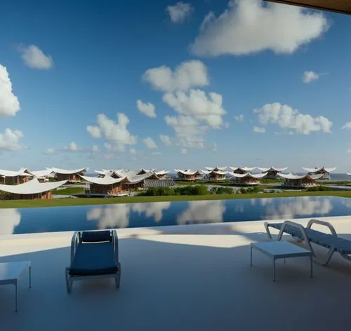 several lounge chairs and a bench near a swimming pool,amanresorts,mayakoba,providenciales,cabanas,over water bungalows,caicos,Photography,General,Realistic