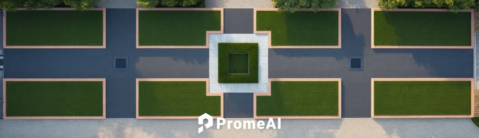 make a simple render of a  entance plan of a area with a interesting feature in the middle with paving pattern,green grass is surrounding the entrance to an area,soccer field,paved square,driveways,ar